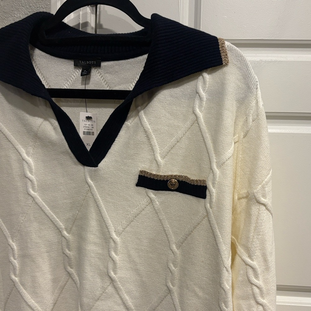 NWT Talbots Laticce Cable Johnny Collar Sweater-Tipped
Women's Cream/gold XL - Picture 3 of 5